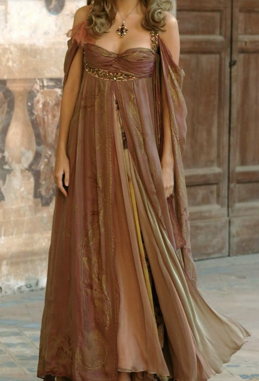 Elegant Brown Off Shoulder A-Line Long Party Dress Retro Evening Dress, D856