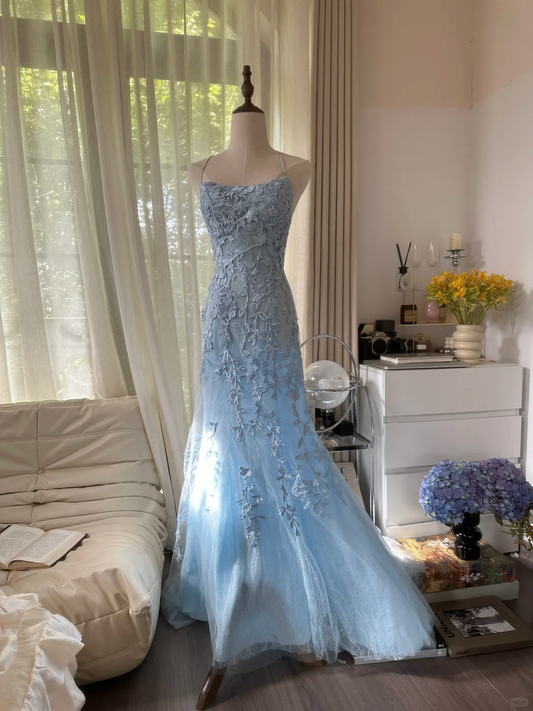 Retro Light Blue Applique Backless Design Romantic Chiffon Evening Dress Prom Dress D1483