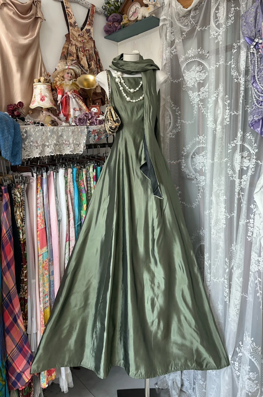 Vintage Green Satin Shawl Design Elegant A-Line Long Evening Dress Prom Dresses D1679