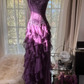 Purple Strapless A-Line Ruffles Long Prom Dress Vintage Evening Party Dress, D940