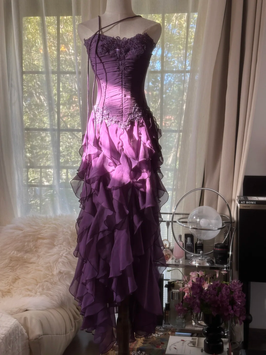 Purple Strapless A-Line Ruffles Long Prom Dress Vintage Evening Party Dress, D940
