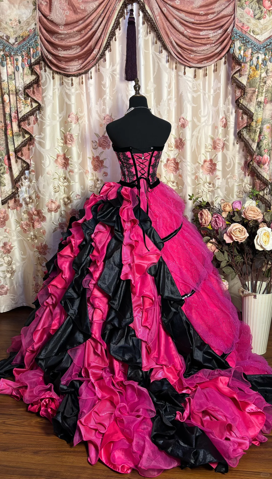 Retro Fuchsia Strapless A-Line Appliques Long Prom Dress Birthday Ball Gown, D769