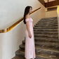 Robe fourreau longue en satin rose clair à épaules dénudées, robe de demoiselle d'honneur, D656
