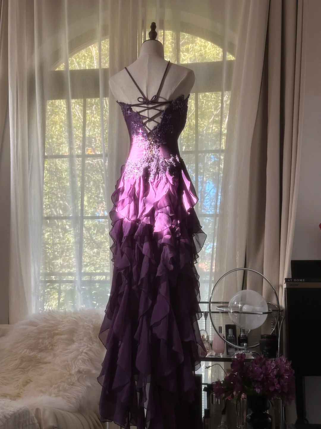 Purple Strapless A-Line Ruffles Long Prom Dress Vintage Evening Party Dress, D940