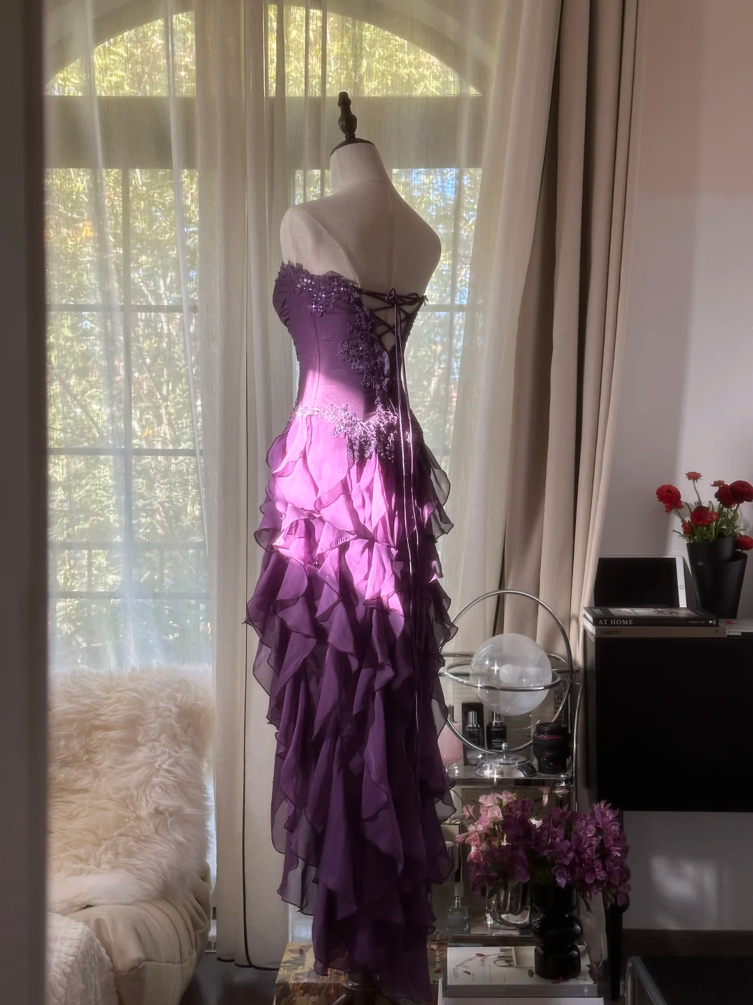 Purple Strapless A-Line Ruffles Long Prom Dress Vintage Evening Party Dress, D940