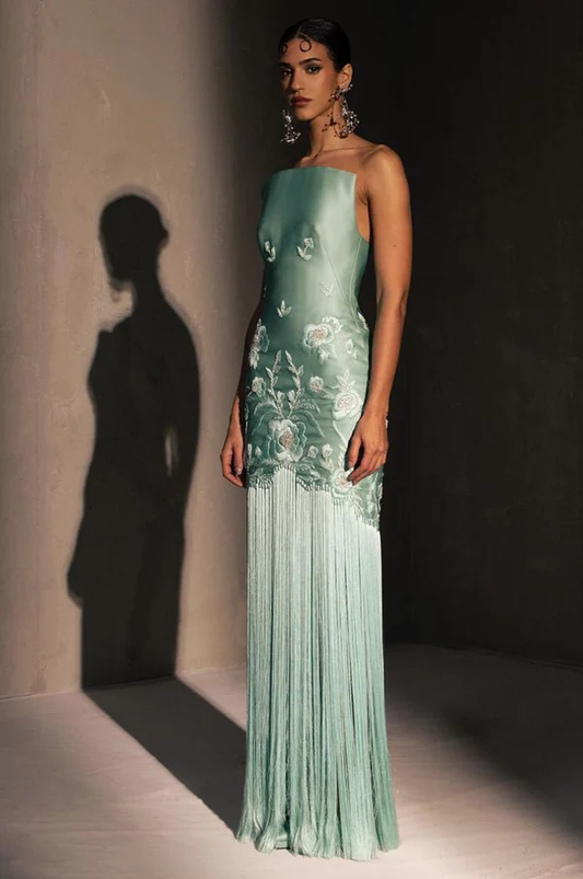 Light Blue Strapless Sheath Tassel Embroidery Long Evening Party Dresses, D1226