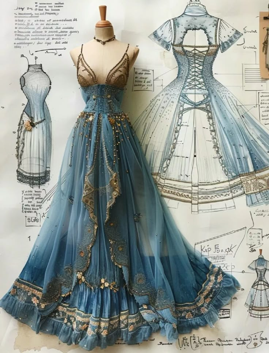 Blue Spaghetti Straps V Neck A-Line Beading Long Prom Dress Evening Gown, D747