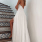 Chic Spaghetti Strap Deep V Neck Lace Tulle High-Slit Backless Wedding Dress Long Party Dress Prom Gown Evening Dress D7456