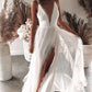 Chic Spaghetti Strap Deep V Neck Lace Tulle High-Slit Backless Wedding Dress Long Party Dress Prom Gown Evening Dress D7456