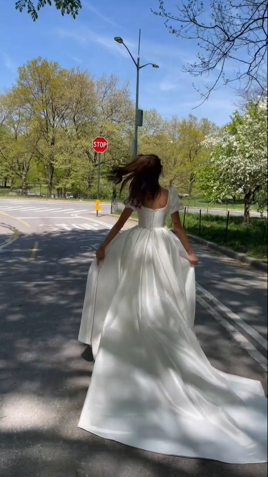 White A-Line Short Sleeves Satin Elegant Long Wedding Dress MD7510