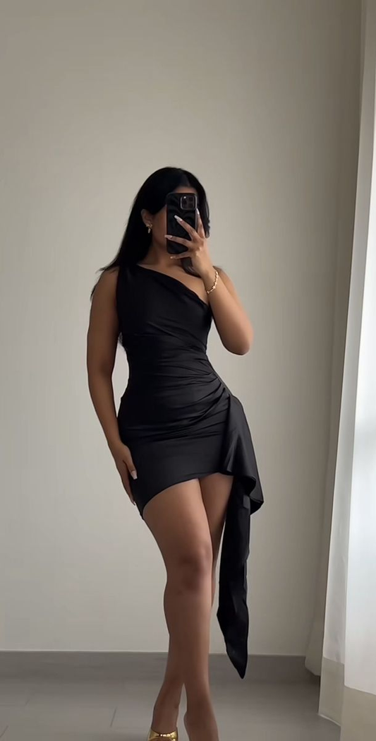 Black One Shoulder Sheath Satin Short Party Dresses Homecoming Dresses, D1320