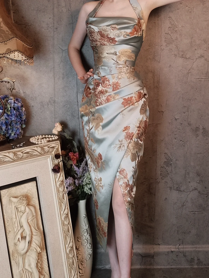 Light Blue Halter Neck Embroidery Sheath Retro Evening Party Dresses, D1166