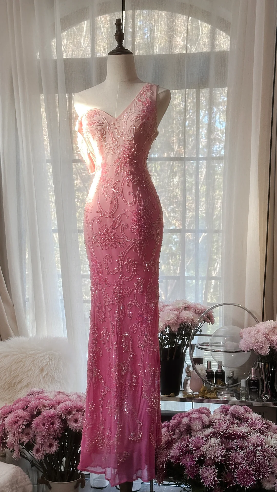 Pink Ombre V Neck Mermaid Beading Long Prom Dress Vintage Party Dress, D941
