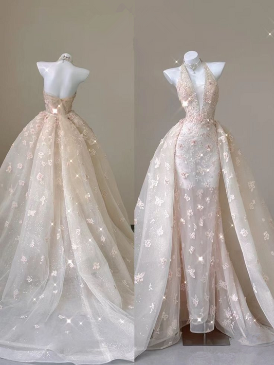 Robe de soirée longue fourreau champagne à col en V et dos nu, robe de bal MD7392