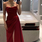 Charming Red Straps Sheath Satin Long Evening Party Dress with Split MD7565