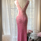 Pink Ombre V Neck Mermaid Beading Long Prom Dress Vintage Party Dress, D941