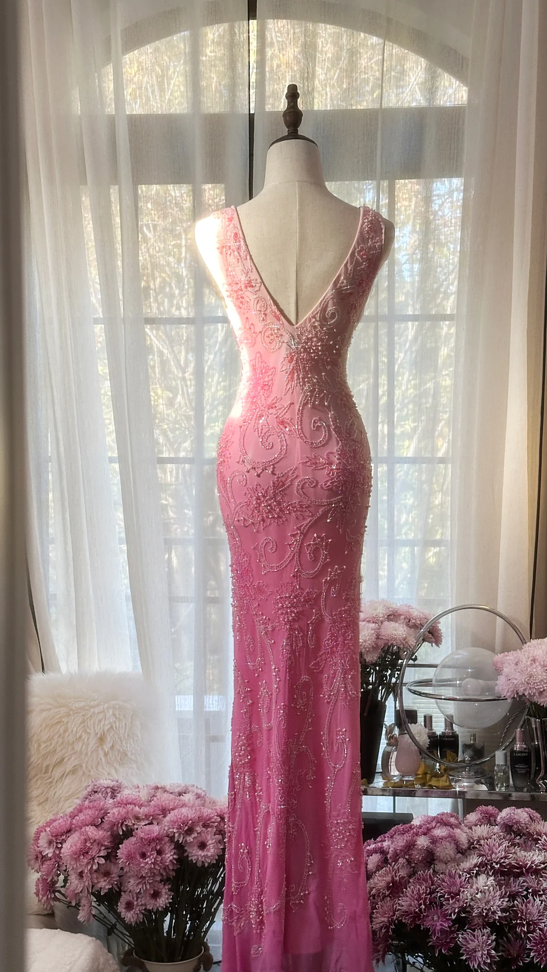 Pink Ombre V Neck Mermaid Beading Long Prom Dress Vintage Party Dress, D941