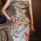 Light Blue Halter Neck Embroidery Sheath Retro Evening Party Dresses, D1166