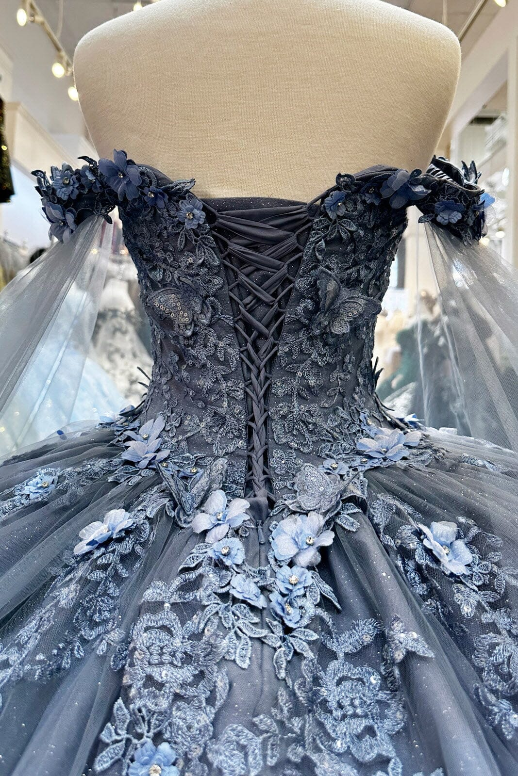 Grey Blue Off Shoulder Appliques Quinceanera Dress Sweet 16 Ball Gown MD7529