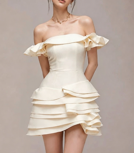 Charming Homecoming Dress Off the Shoulder Cascade Pleated Back to School Outfits Party Dress  D7378
