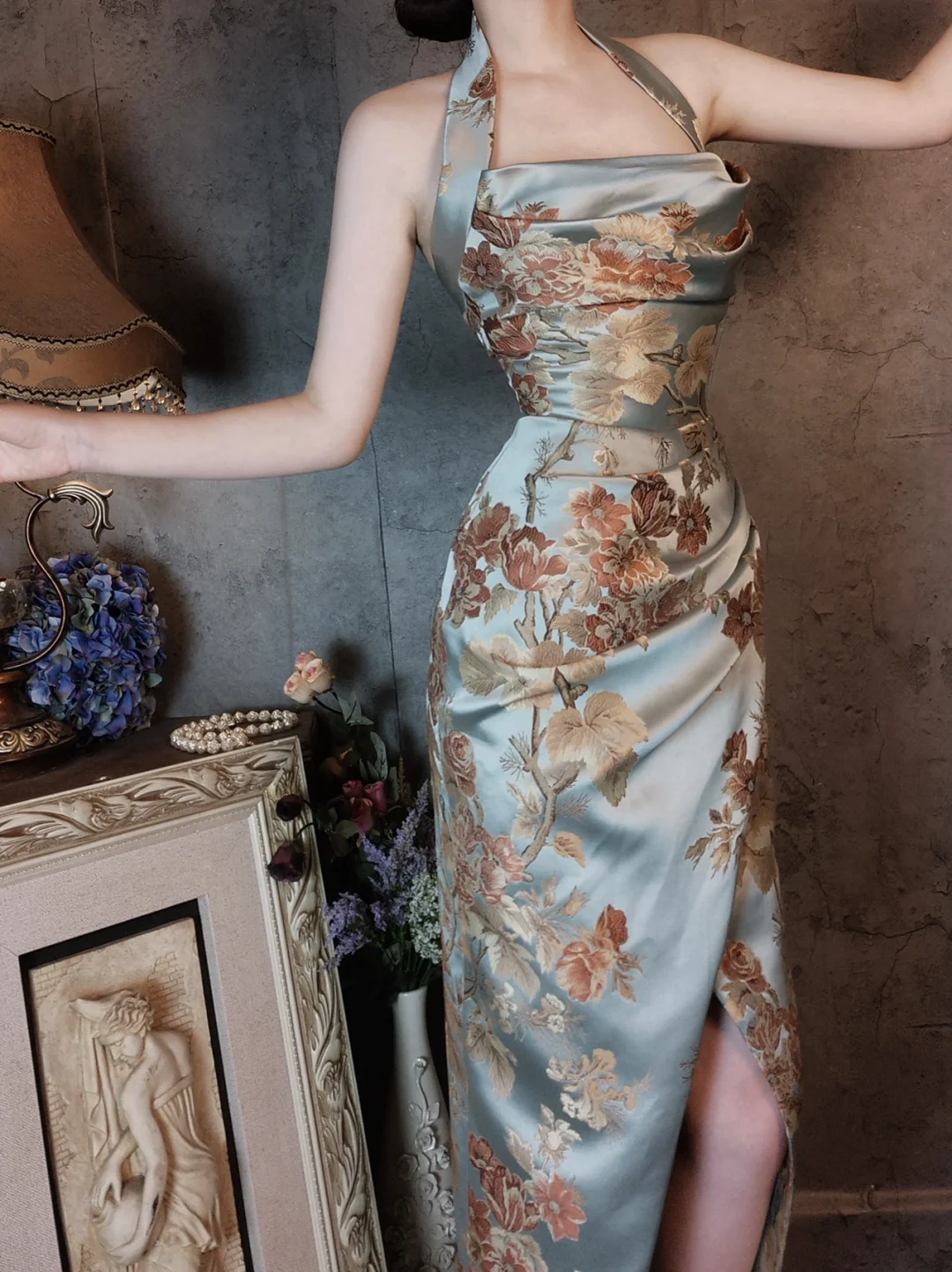 Light Blue Halter Neck Embroidery Sheath Retro Evening Party Dresses, D1166