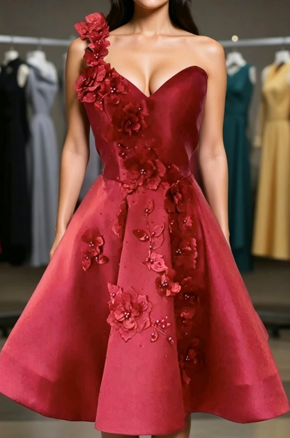 Unique Homecoming Dress One Shoulder Flower Beaded Back to School Outfits Party Dress Birthday Dress  D7657
