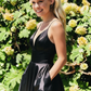Chic Homecoming Dress V Neck Black Pleated Back to School Outfits Party Dress Birthday Outfits D7431