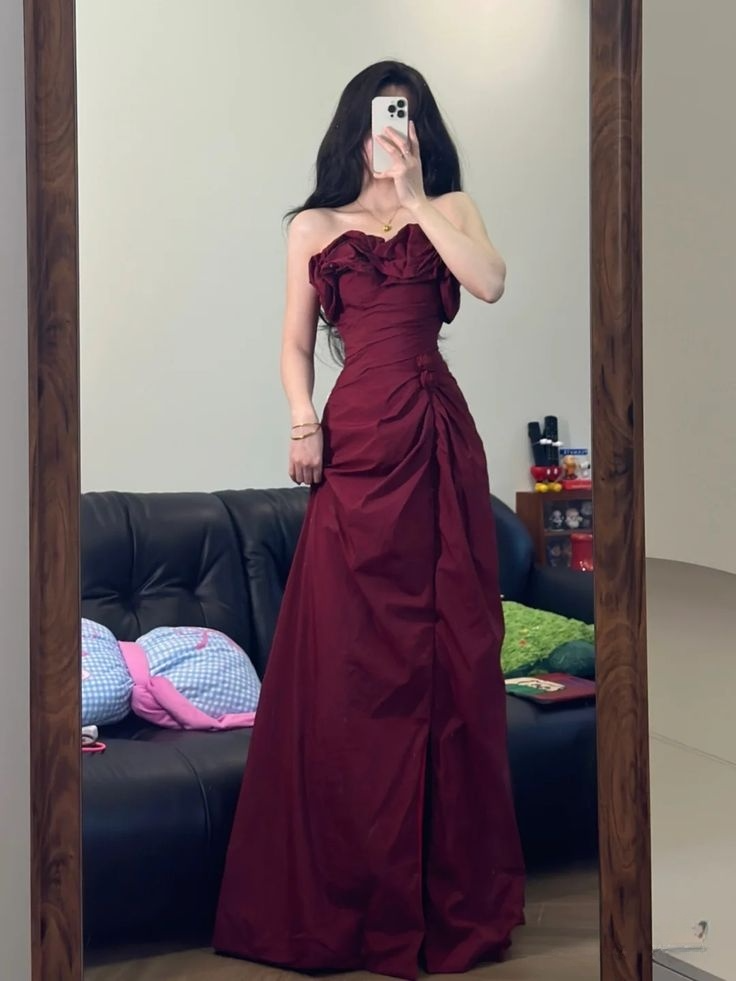Elegant Burgundy Strapless A-Line Long Party Dresses Birthday Outfits, D1227