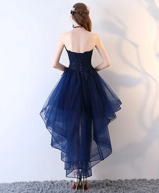 Retro Navy Blue Strapless Ruffled Hem Design A-line Tulle Party Dress Homecoming Dress D1544