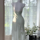 Vintage Mint Green Irregular Lace Hem Spaghetti Strap Design Chiffon Prom Dress Evening Dress D1703