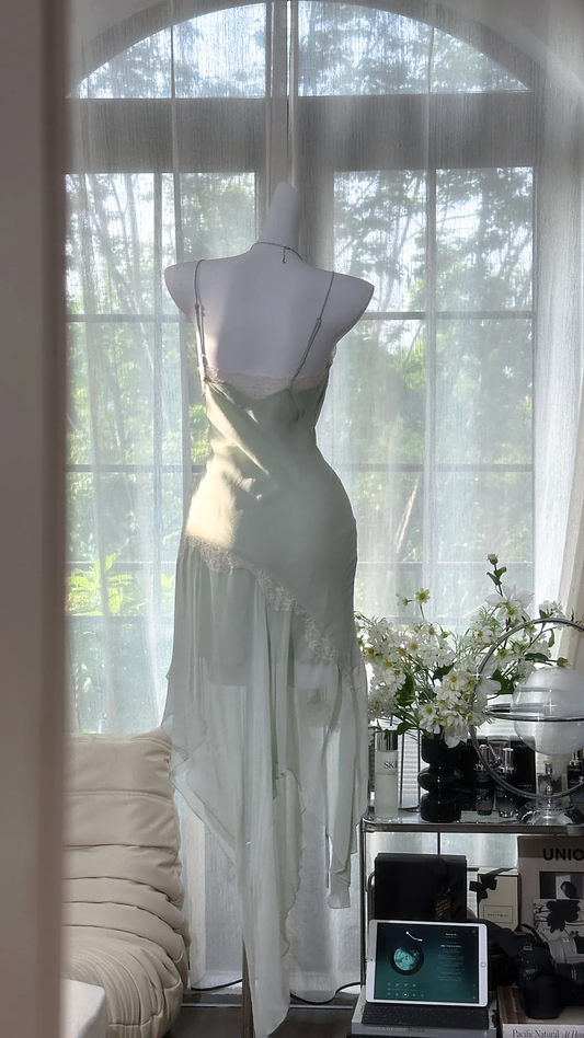 Vintage Mint Green Irregular Lace Hem Spaghetti Strap Design Chiffon Prom Dress Evening Dress D1703