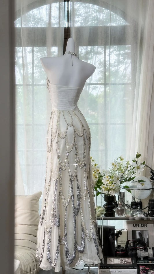 Vintage White Beaded Sparkling Long Chiffon Spaghetti Strap Romantic Ball Gown Evening Dress Prom Dresses D1500