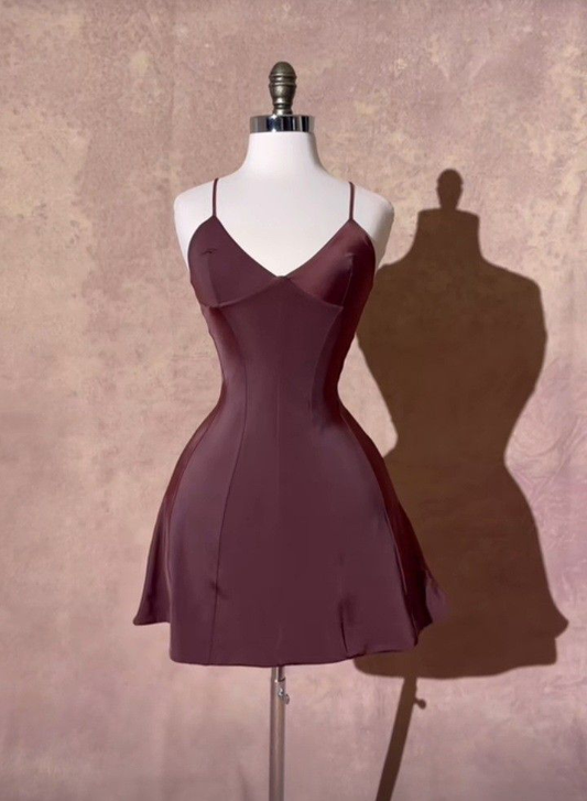 Grape Straps A-Line Satin Short Party Dresses Homecoming Dresses, D1321