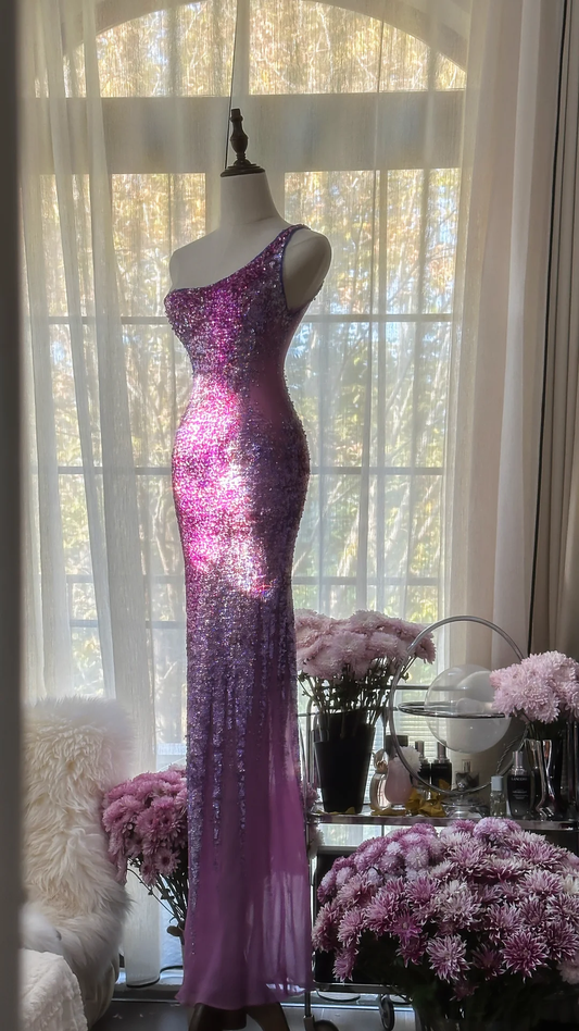 Robe de bal longue style sirène violette à une épaule et paillettes, style vintage, D942