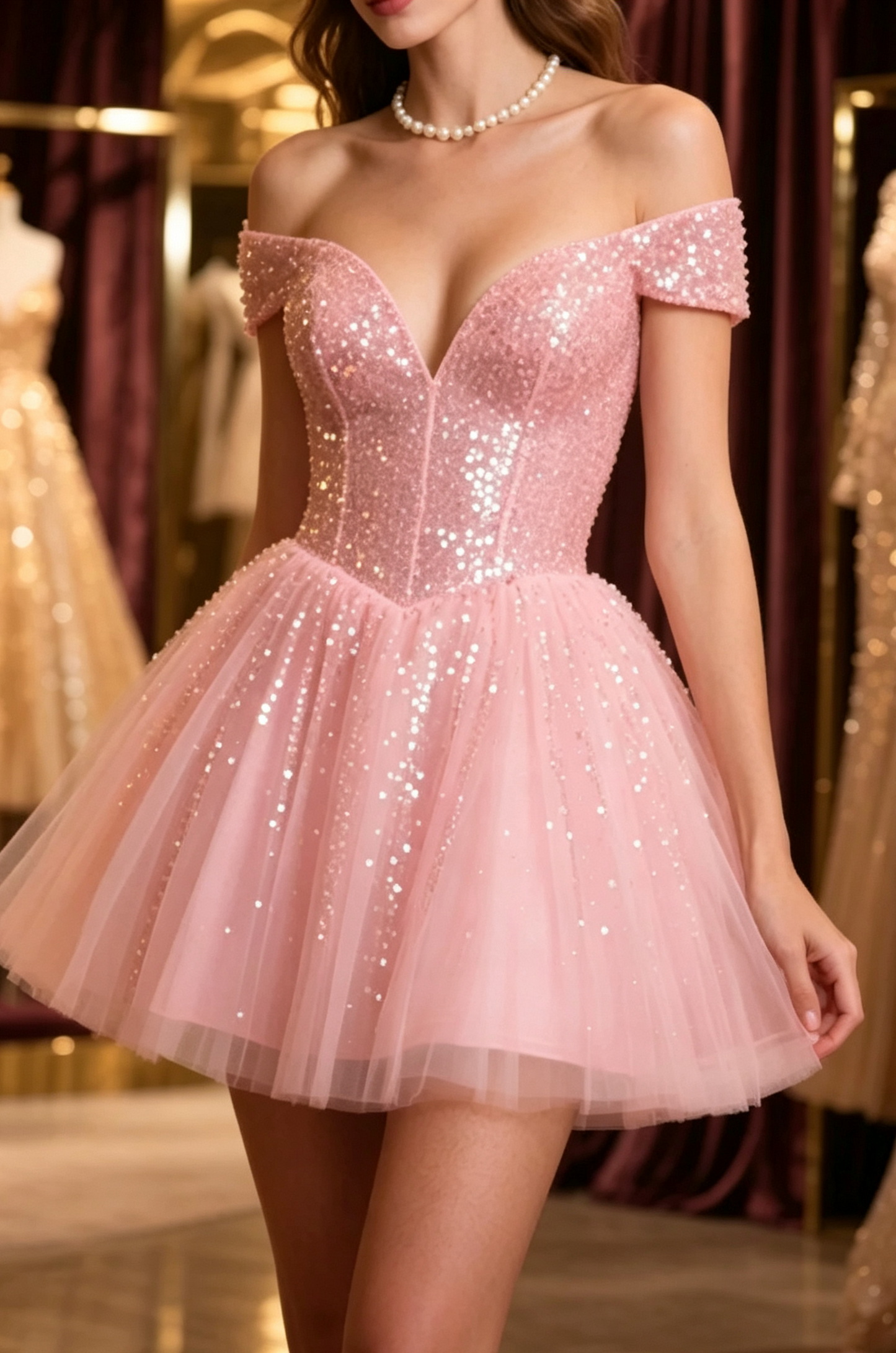 Unique Homecoming Dress Off the Shoulder Sequins Tulle V Neck Back to School Outfits Party Dress Birthday Dress  D7660