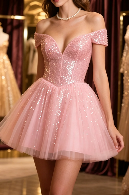 Unique Homecoming Dress Off the Shoulder Sequins Tulle V Neck Back to School Outfits Party Dress Birthday Dress  D7660