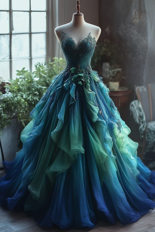Trägerloses A-Linien-Abendkleid mit Farbverlauf und Applikationen aus Chiffon, langes Ballkleid, D749