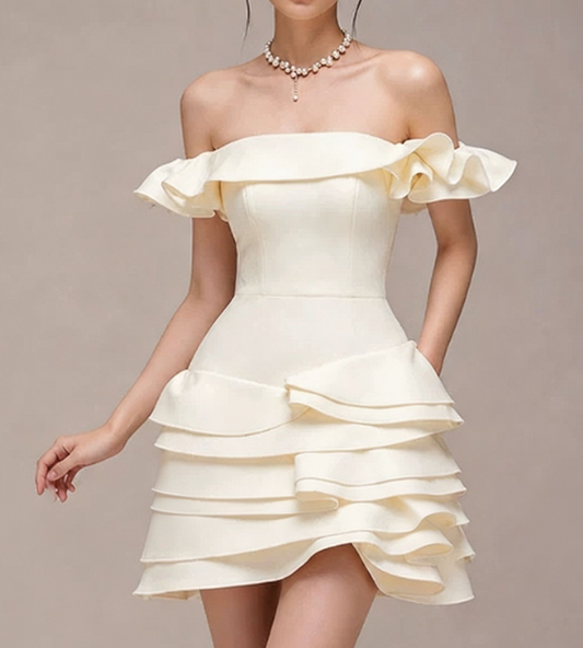 Charming Homecoming Dress Off the Shoulder Cascade Pleated Back to School Outfits Party Dress  D7378