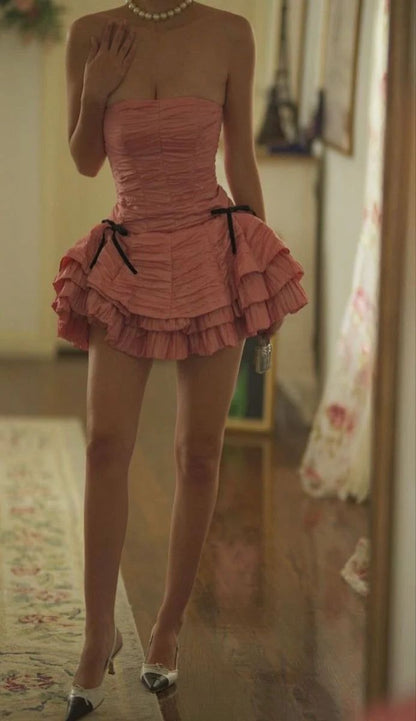 Stunning Homecoming Dress Strapless Bowknot Pleated Cascade Back to School Outfits Party Dress D6855