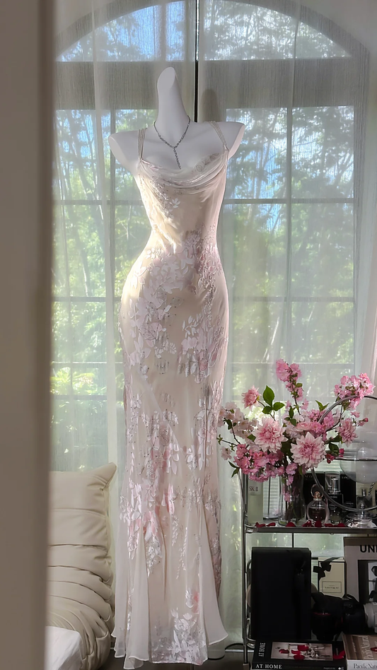 Elegant Light Pink Floral Applique Romantic Chiffon Evening Dress Prom Dresses D1610