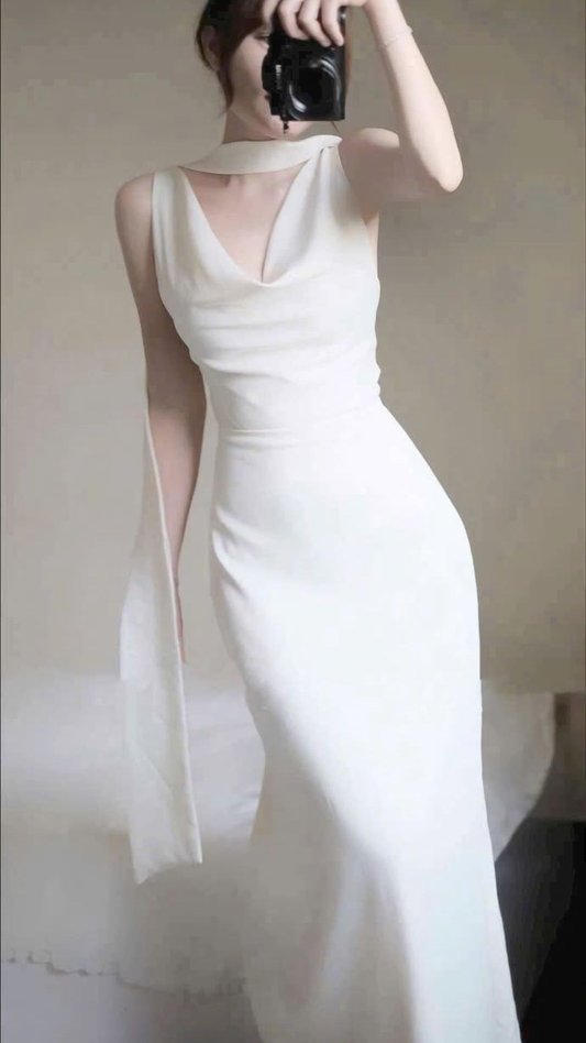 White V Neck Sleeveless Mermaid Long Party Dresses Evening Gown, D1229
