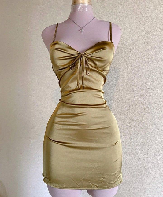 Gold Straps Sheath Satin Short Party Dresses Homecoming Dresses, D1322
