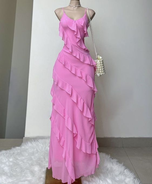 Pink Spaghetti Straps Sheath Ruffles Long Party Dress Birthday Outfits MD7567