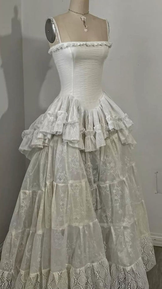 Retro Spaghettiträger A-Linie Spitze Rüschen Vintage Brautkleid Abendkleid, D862