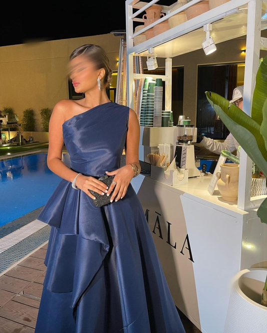 Robe de soirée longue en satin bleu marine, asymétrique, coupe trapèze, MD7824