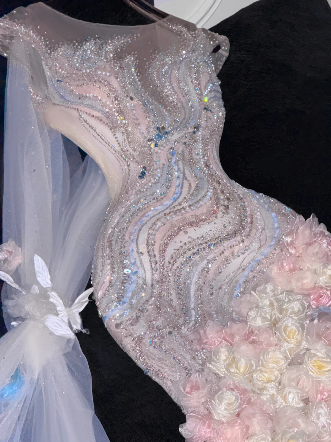 Gorgeous Sparkling Beaded Sequin Mermaid 3D Flowers Design Tulle Evening Dress Prom Dresses D1634