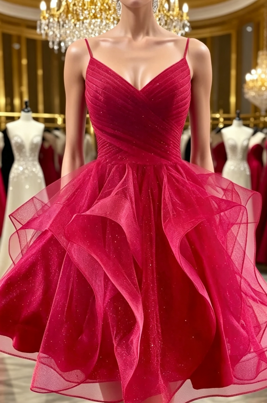Unique Homecoming Dress Spaghetti Strap V Neck Tulle Back to School Outfits Party Dress Birthday Dress  D7662