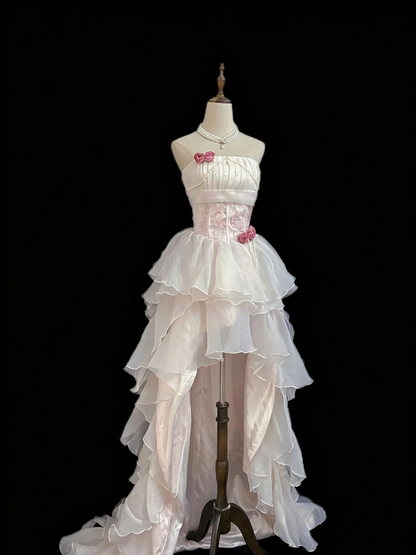 Chic Homecoming Dress Strapless Tulle Cascade Hi-Lo Prom Dress Back to School Outfits Party Dress  D6140