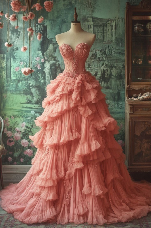 Robe de soirée longue rose à volants et col en cœur, coupe trapèze, ornée de perles, D751