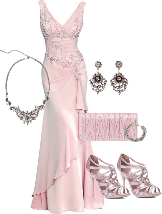 Elegant Pink V Neck Mermaid Satin Long Party Dress Vintage Evening Dress, D976
